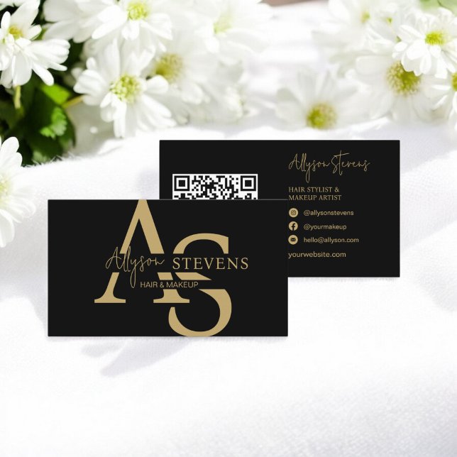 Carte De Visite Logo or initiales maquillage cheveux code qr (Logo gold initials hair makeup qr code business card)