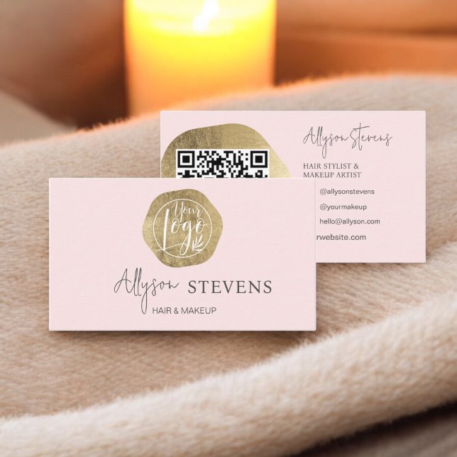 Carte De Visite Logo or rose cheveux maquillage code qr (Logo gold pink hair makeup qr code business card)