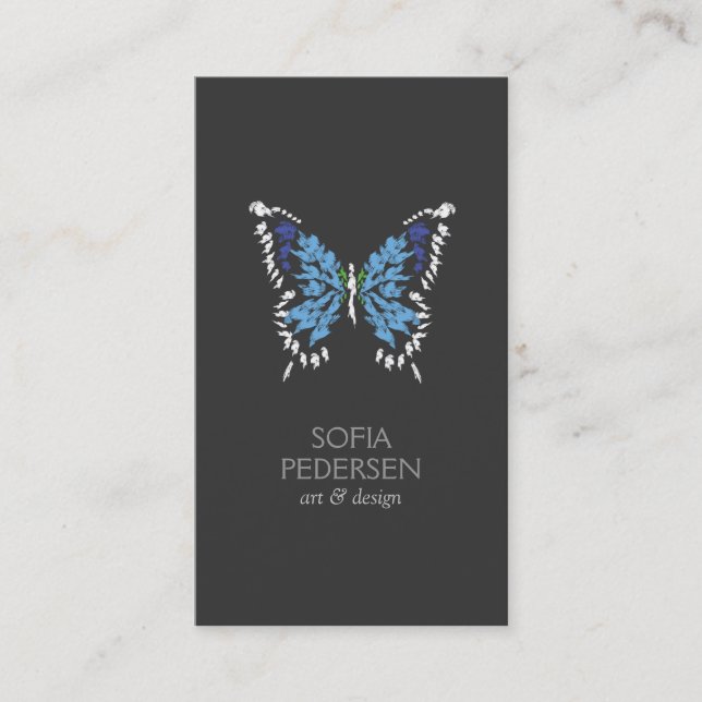 Carte De Visite Logo Papillon peint en bleu sur gris foncé vertica (Devant)