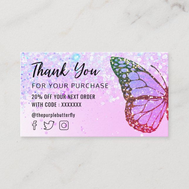 Carte De Visite logo papillon sur fausse parties scintillant merci (Devant)
