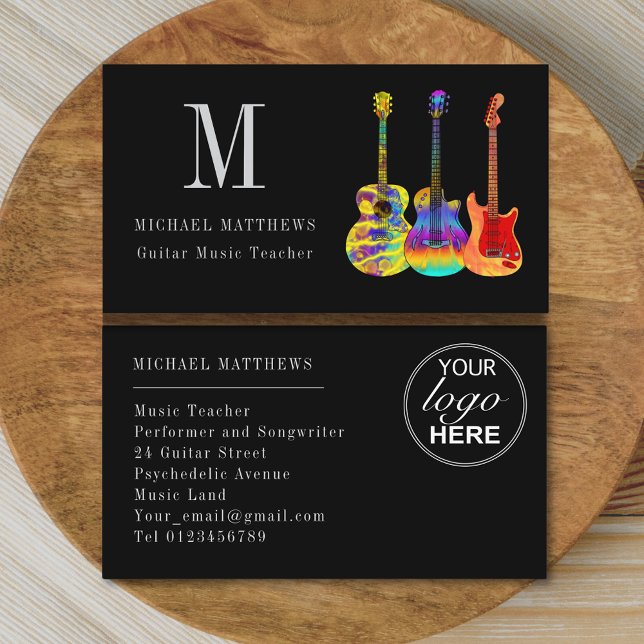 Carte De Visite Logo personnalisé de l'enseignant de musique guita (Guitar tutor musician logo custom business card)