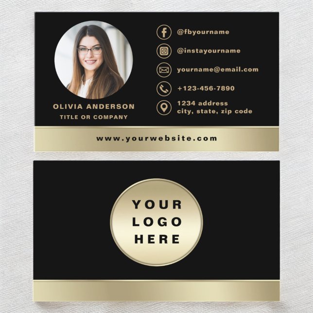 Carte De Visite Logo personnalisé Elegant Black Gold Photo (Créateur téléchargé)
