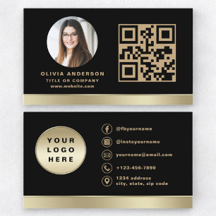 Carte De Visite Logo personnalisé Elegant Black Gold QR Code Photo