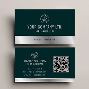 Carte De Visite Logo personnalisé élégant vert Silver QR Code