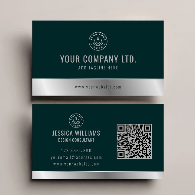 Carte De Visite Logo personnalisé élégant vert Silver QR Code (Créateur téléchargé)