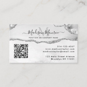 Carte De Visite Logo personnalisé gris argent QR Code Agate Monogr