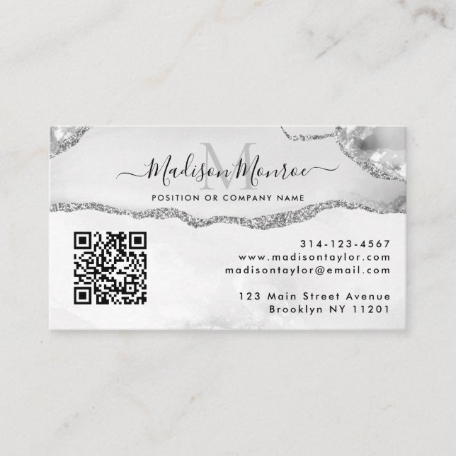 Carte De Visite Logo personnalisé gris argent QR Code Agate Monogr (Devant)
