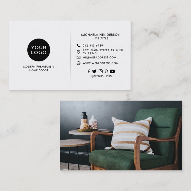 Carte De Visite Logo personnalisé, photo et société moderne noir & (Devant / Derrière)