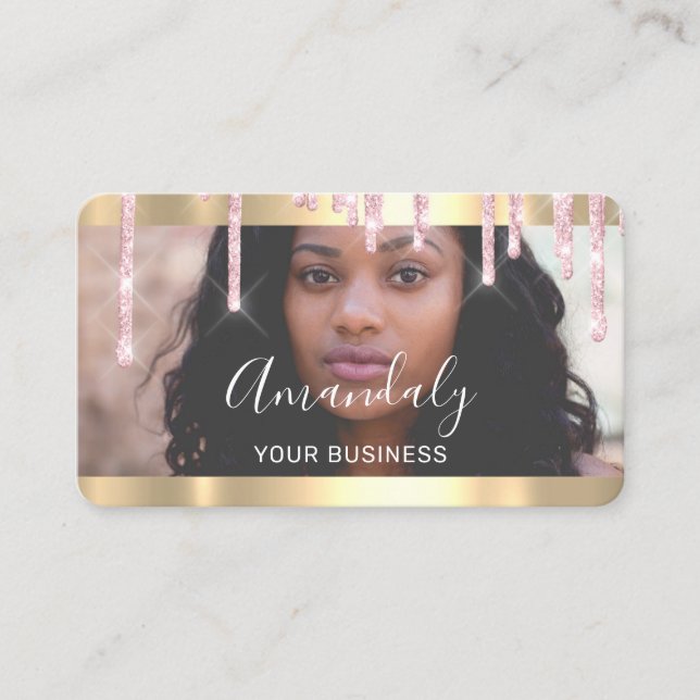 Carte De Visite Logo personnalisé Photo Gold Rose Drips Cadre QrCo (Devant)