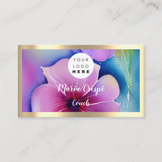 Carte De Visite Logo personnalisé QR Code Aquarelle Or Fleurs soci (Devant)