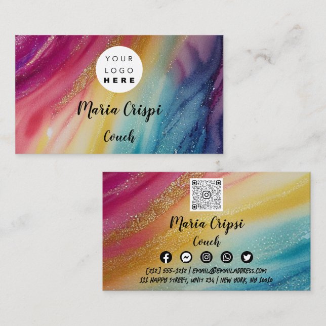 Carte De Visite Logo personnalisé QR Code Rainbow Gold Social Medi (Devant / Derrière)