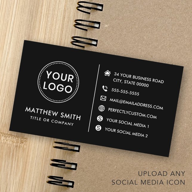 Carte De Visite Logo personnalisé site social médias modernes noir (Custom logo website social media modern black business card)