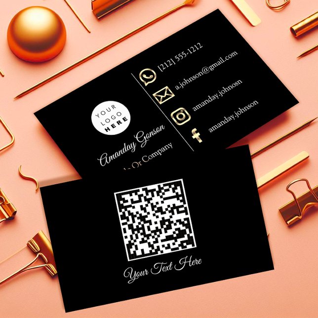 Carte De Visite Logo personnalisé Social Media Gold QR Code noir b (Custom Logo Social Media Gold QR Code Black White Business Card)