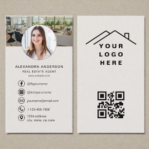 Carte De Visite Logo photo agent immobilier Code QR beige