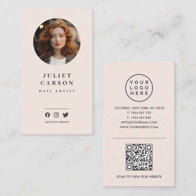 Carte De Visite Logo photo Code QR Social Media Blush Pink (Devant / Derrière)