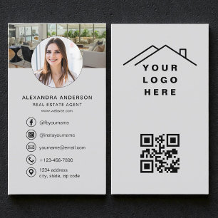 Carte De Visite Logo photo de l'agent immobilier avec code QR gris