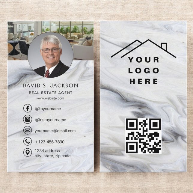 Carte De Visite Logo photo de l'agent immobilier en marbre QR Code (Créateur téléchargé)