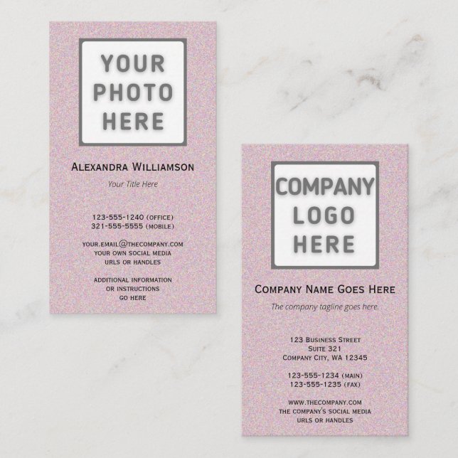 Carte De Visite Logo photo Glittery rose à double face vertical (Devant / Derrière)