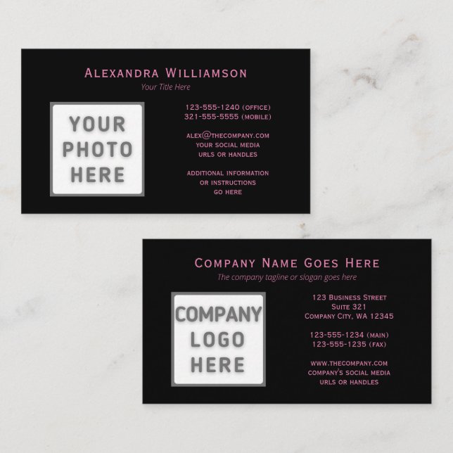 Carte De Visite Logo photo Modèle double face rose texte noir (Devant / Derrière)