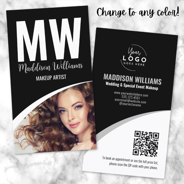 Carte De Visite Logo photo moderne noir blanc Monogramme (Black White Modern Makeup QR Code Logo Monogram Business Card)