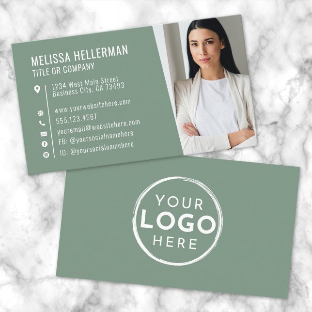 Carte De Visite Logo photo moderne Sage Green Professionnel (Sage Green Modern Photo Logo Professional Business Card )