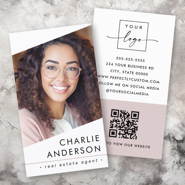 Carte De Visite Logo photo QR code moderne blanc clair rose taupe (Photo logo QR code modern white light rose taupe Business Card)