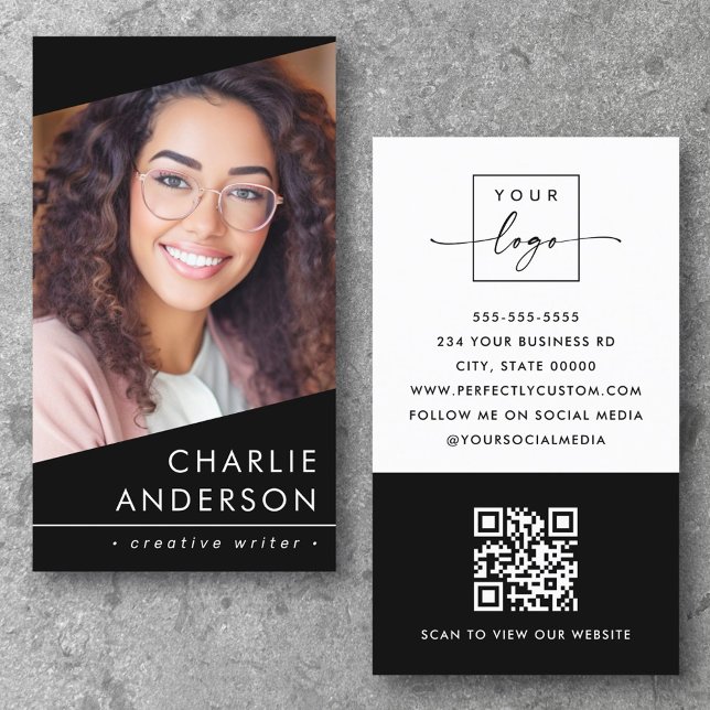 Carte De Visite Logo photo QR code moderne noir professionnel (Photo logo QR code modern black professional Business Card)