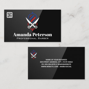 Carte De Visite Logo Pole en barbier et ciseaux   Code QR