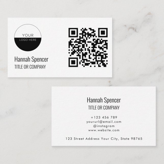 Carte De Visite Logo professionnel du code QR |Blanc moderne (Devant / Derrière)