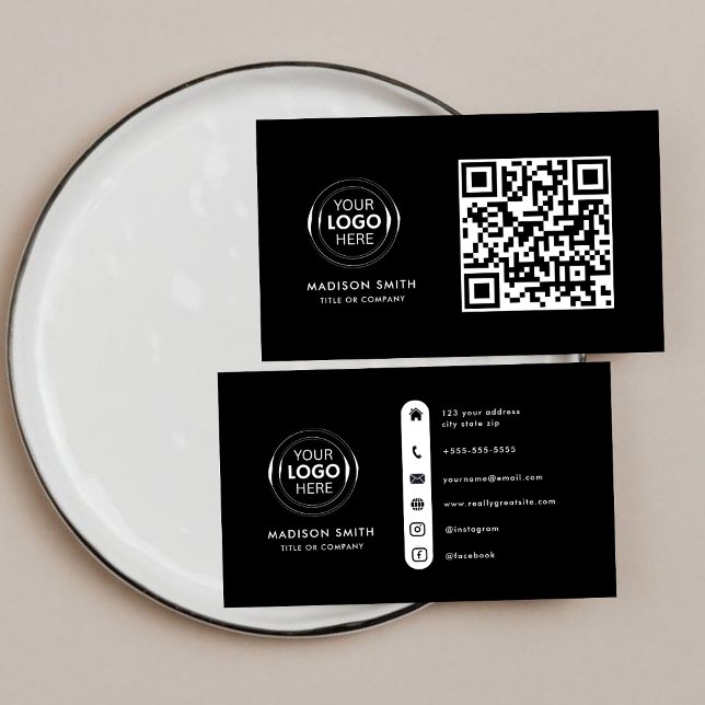Carte De Visite Logo professionnel du code QR | noir moderne profe (Créateur téléchargé)
