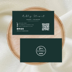 Carte De Visite Logo professionnel minimaliste Qr Code Vert foncé
