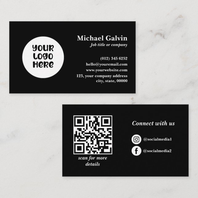 Carte De Visite Logo professionnel noir personnalisé Code QR (Devant / Derrière)