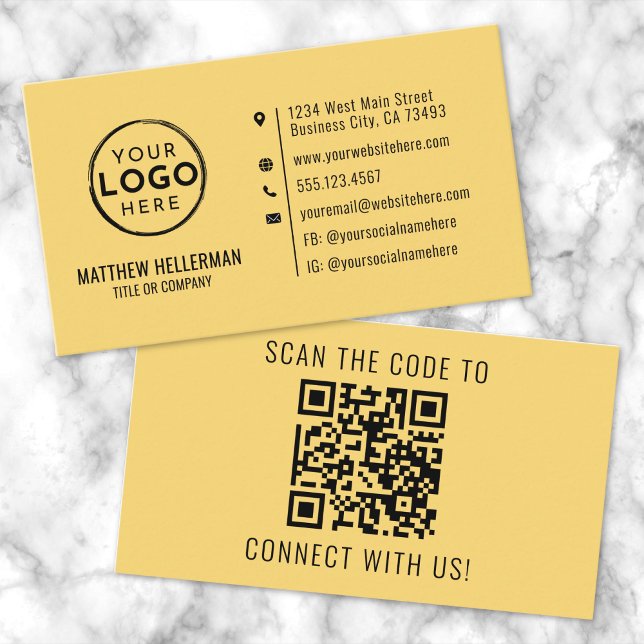 Carte De Visite Logo QR Code Jaune Professionnel (Professional Yellow Modern Minimalist QR Code Logo Business Card)
