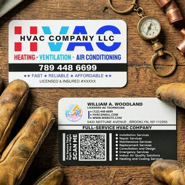 Carte De Visite Logo, Qr Code & License - Modern AC Services, HVAC (custom modern HVAC business cards for contractors, HVAC business card template, heating and cooling)
