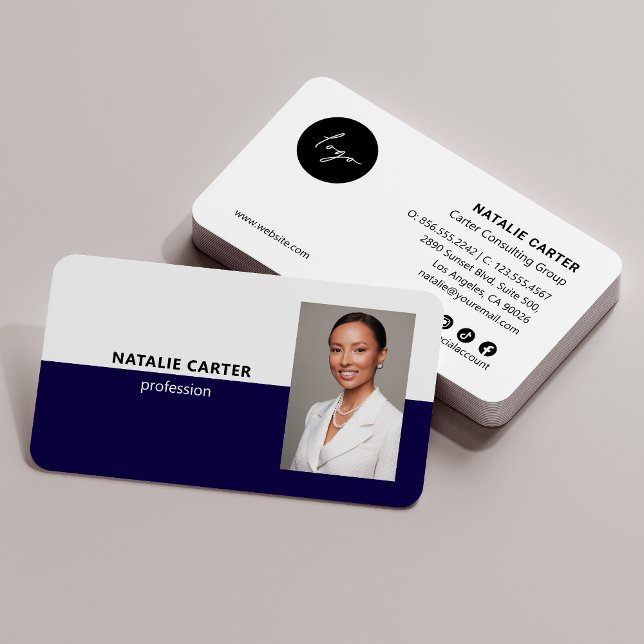 Carte De Visite Logo QR CODE Portrait photo professionnel NAVY (Créateur téléchargé)