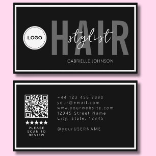 Carte De Visite Logo QR Moderne Avis Coiffeur Cheveux Noirs Blancs