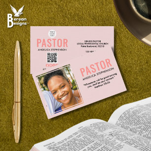 Carte De Visite Logo QR Moderne Photo Blush Rose Pasteur Église
