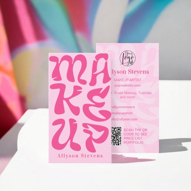 Carte De Visite logo rose super qr code maquillage (Groovy retro pink logo qr code Makeup Business Card)