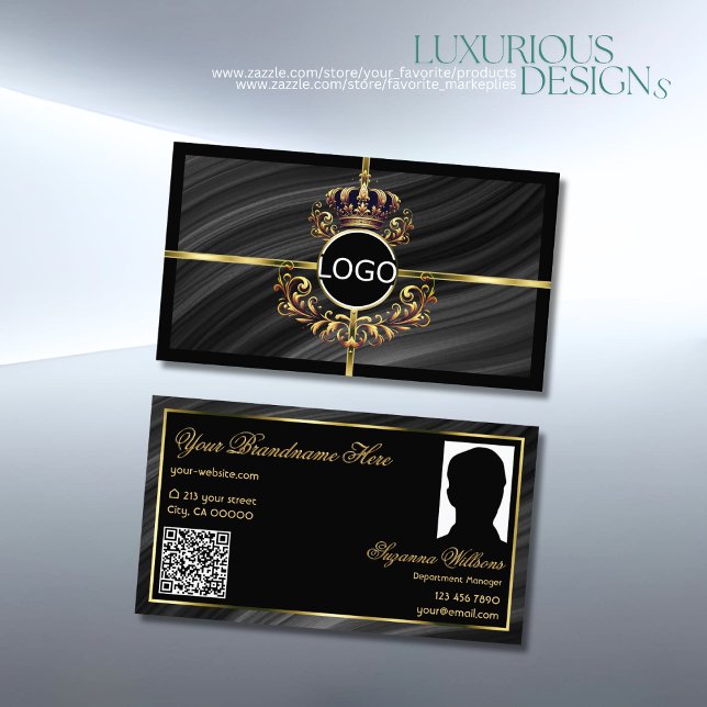 Carte De Visite Logo Royal Black Gold de luxe Photo Code QR (Créateur téléchargé)