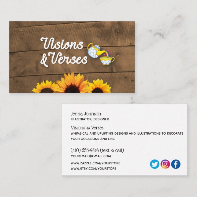 Carte De Visite Logo Rustic Wood & Sunflower Maker (Devant / Derrière)