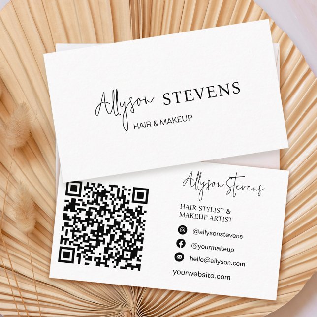 Carte De Visite Logo script Black white hair maquillage qr code (Créateur téléchargé)