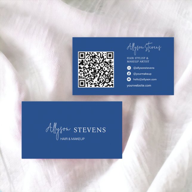 Carte De Visite Logo script blanc bleu maquillage cheveux qr code (Logo script white blue hair makeup qr code business card)