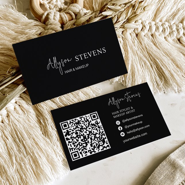 Carte De Visite Logo script blanc cheveux noirs maquillage qr code (Créateur téléchargé)