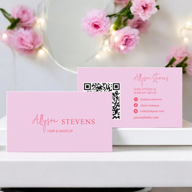 Carte De Visite Logo script rouge rose cheveux maquillage qr code (Logo script red pink hair makeup qr code business card)