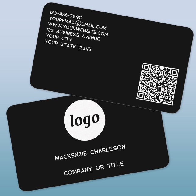 Carte De Visite Logo simple et code QR (Logo QR code custom text black professional minimalist business card)