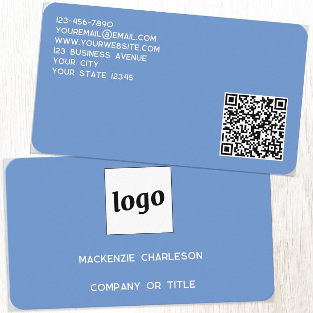 Carte De Visite Logo simple et code QR bleu (Logo QR code custom blue business card)