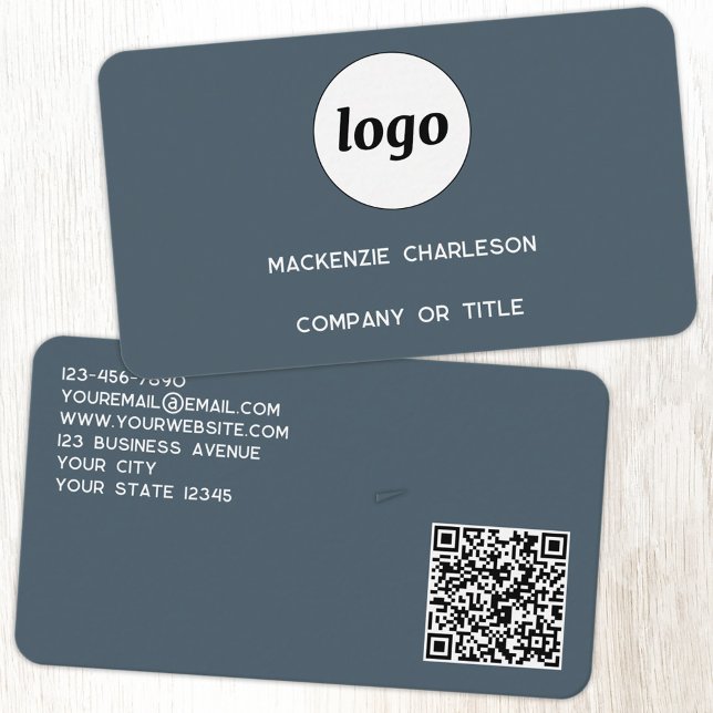 Carte De Visite Logo Simple et Code QR Gris Charbon (Simple logo with custom text business branding promotional charcoal gray business card)