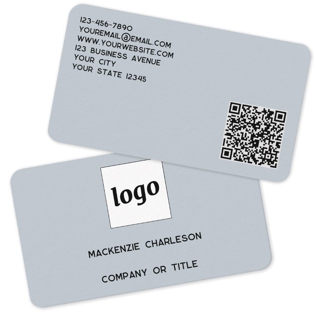 Carte De Visite Logo simple et code QR Poudre bleu (Minimalist logo with QR code and custom text dusty powder blue business card)