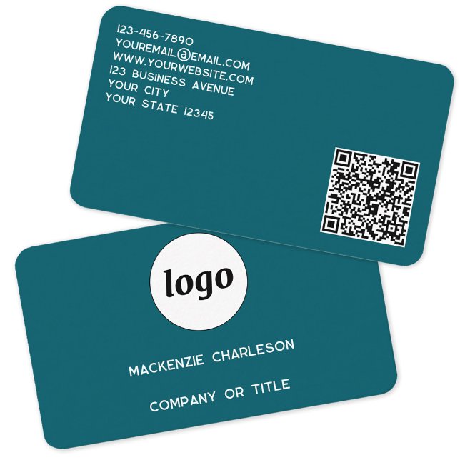 Carte De Visite Logo simple et code QR Vert Turquoise (Simple logo QR code custom text professional branding promotional business card teal green)