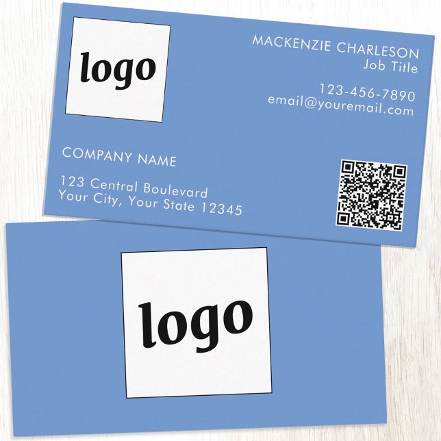 Carte De Visite Logo simple et texte QR Code bleu (Logo QR custom business card)
